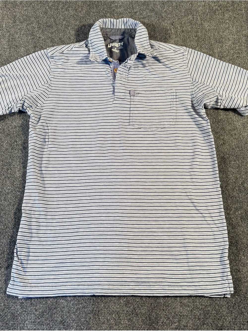 Duluth Trading Co Men’s Small Relaxed Fit Blue Gray Striped Cotton Polo